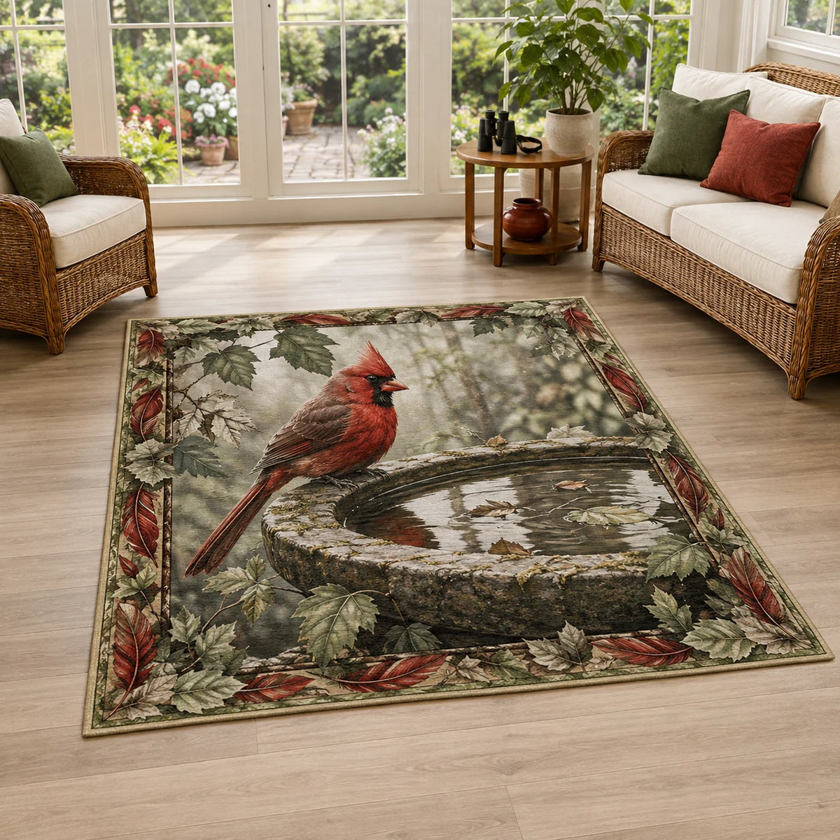 Northern cardinal perched at a stone birdbath with matching botanical border on area rug