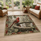 Northern cardinal perched at a stone birdbath with matching botanical border on area rug