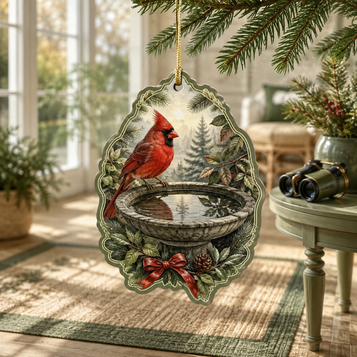 Northern cardinal perched at a stone birdbath with matching botanical border on christmas ornament