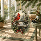 Northern cardinal perched at a stone birdbath with matching botanical border on christmas ornament