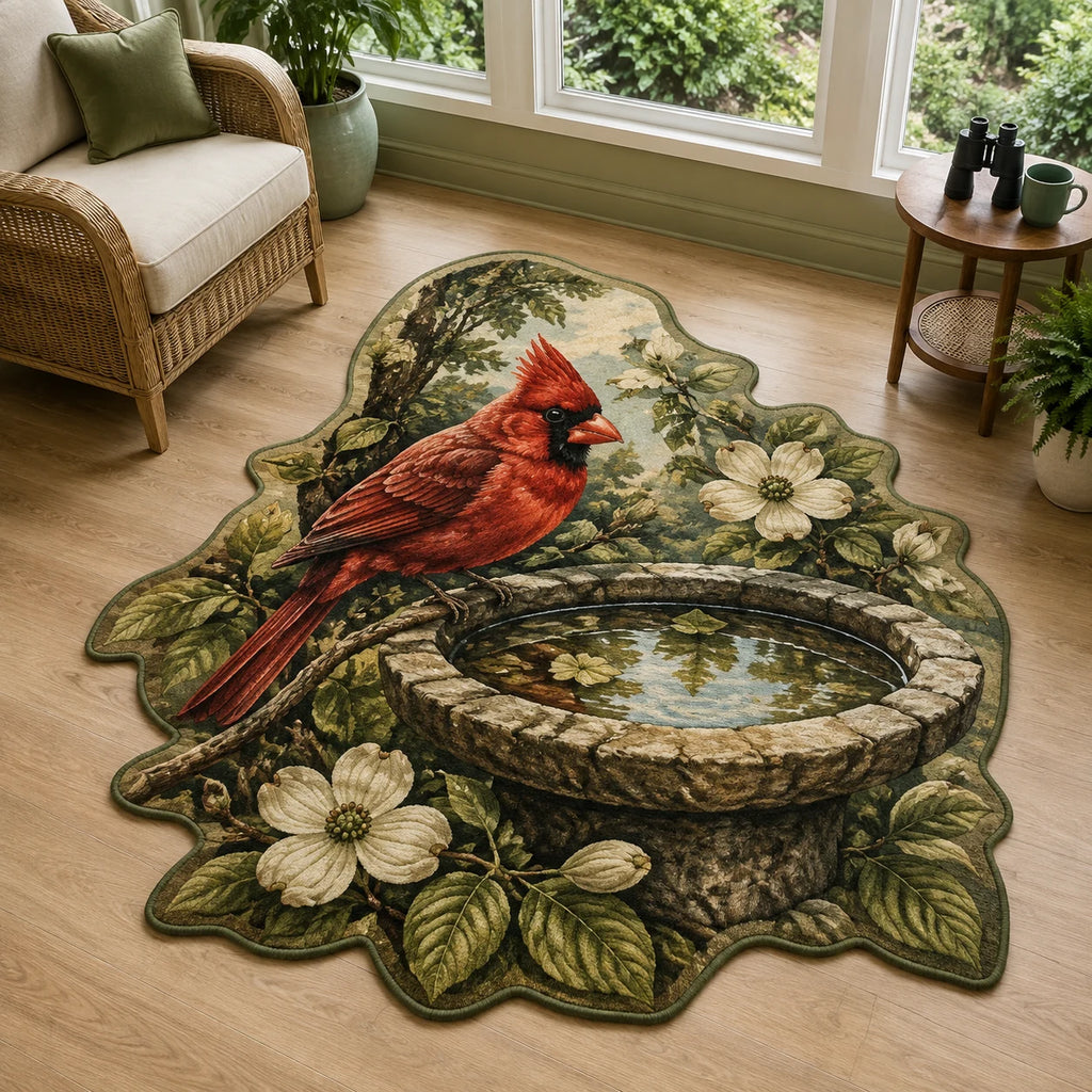 Northern cardinal perched at a stone birdbath with matching botanical border on custom shape area rug