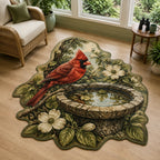 Northern cardinal perched at a stone birdbath with matching botanical border on custom shape area rug