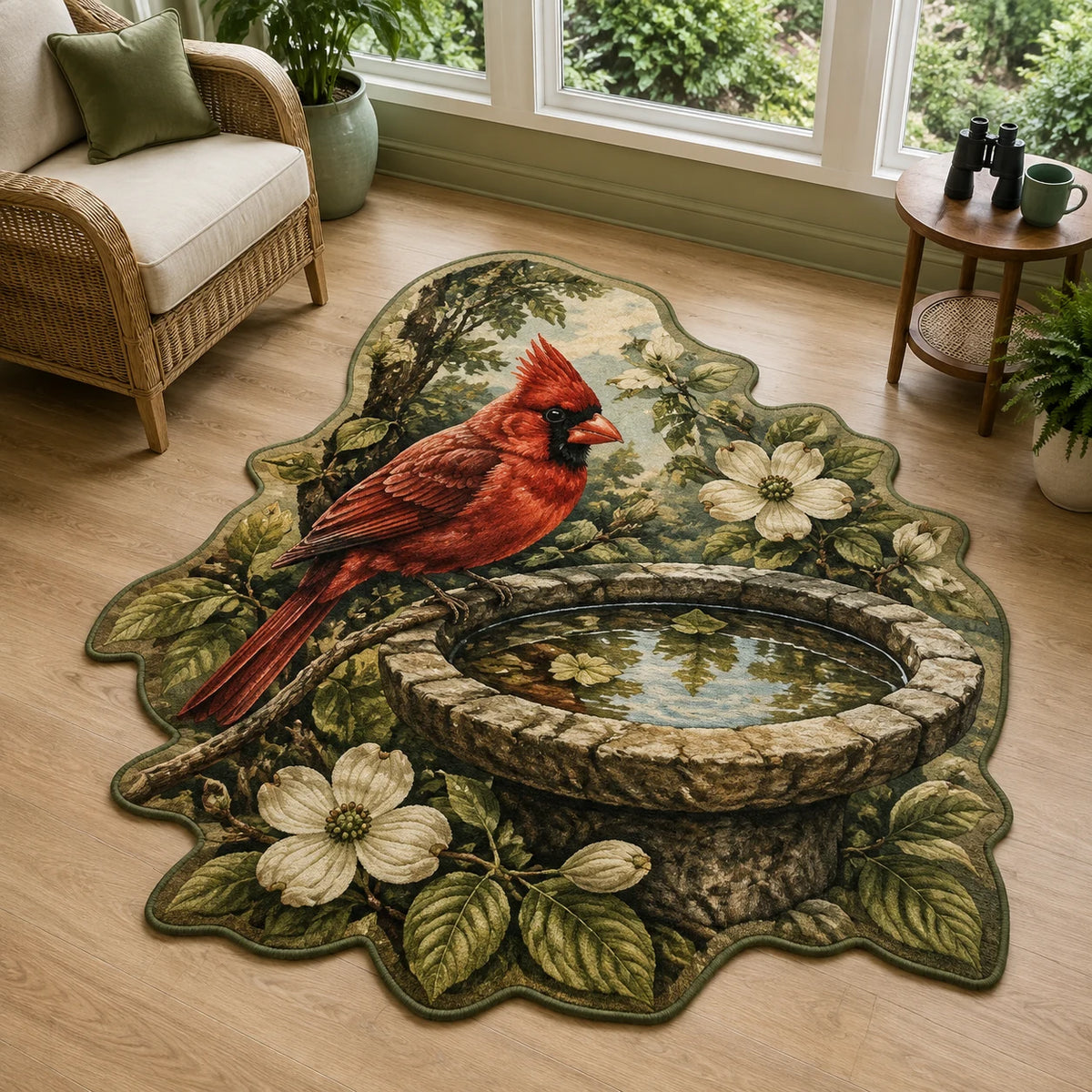 Northern cardinal perched at a stone birdbath with matching botanical border on custom shape area rug