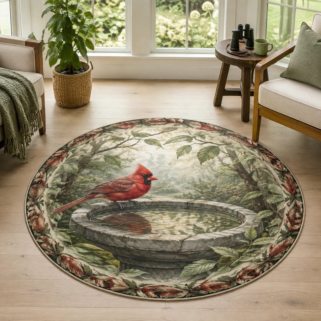 Northern cardinal perched at a stone birdbath with matching botanical border on round mat rug