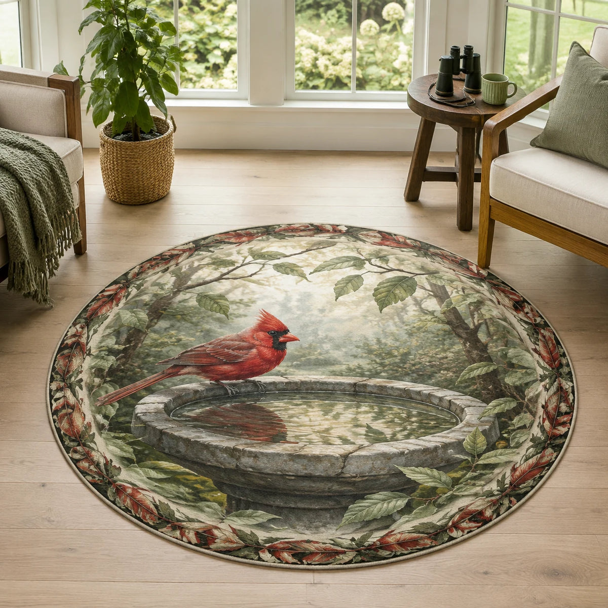 Northern cardinal perched at a stone birdbath with matching botanical border on round mat rug