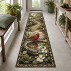 Northern cardinal perched at a stone birdbath with matching botanical border on runner rug