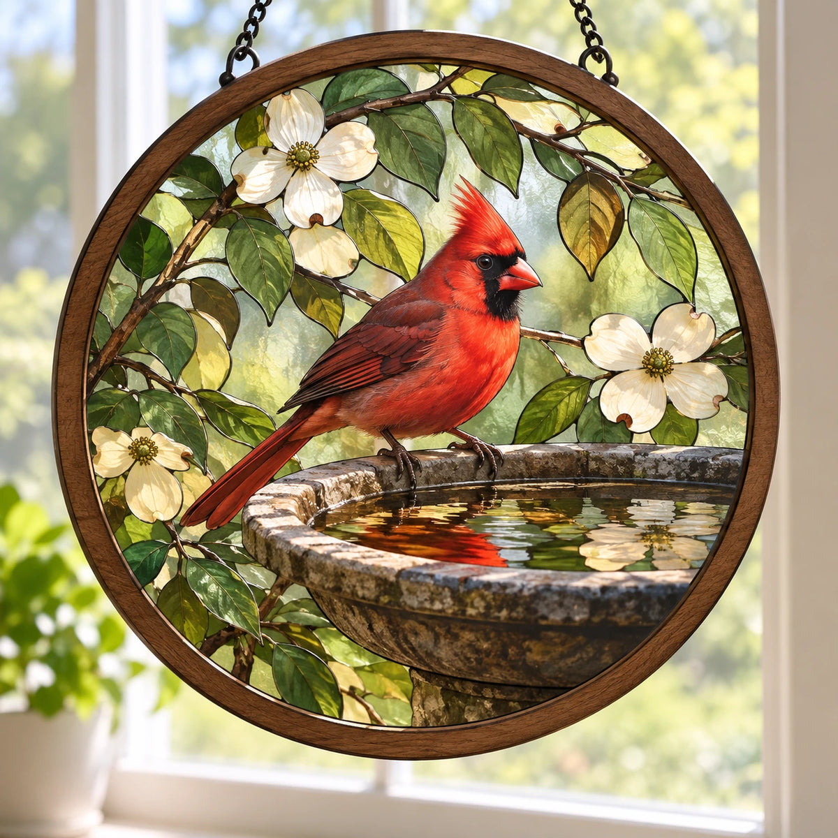 Northern Cardinal Morning Birdbath Wood & Acrylic Suncatcher with printed dimensional artwork
