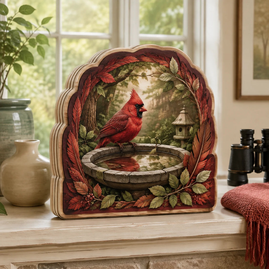 Northern cardinal perched at a stone birdbath with matching botanical border on wooden block 3 layer