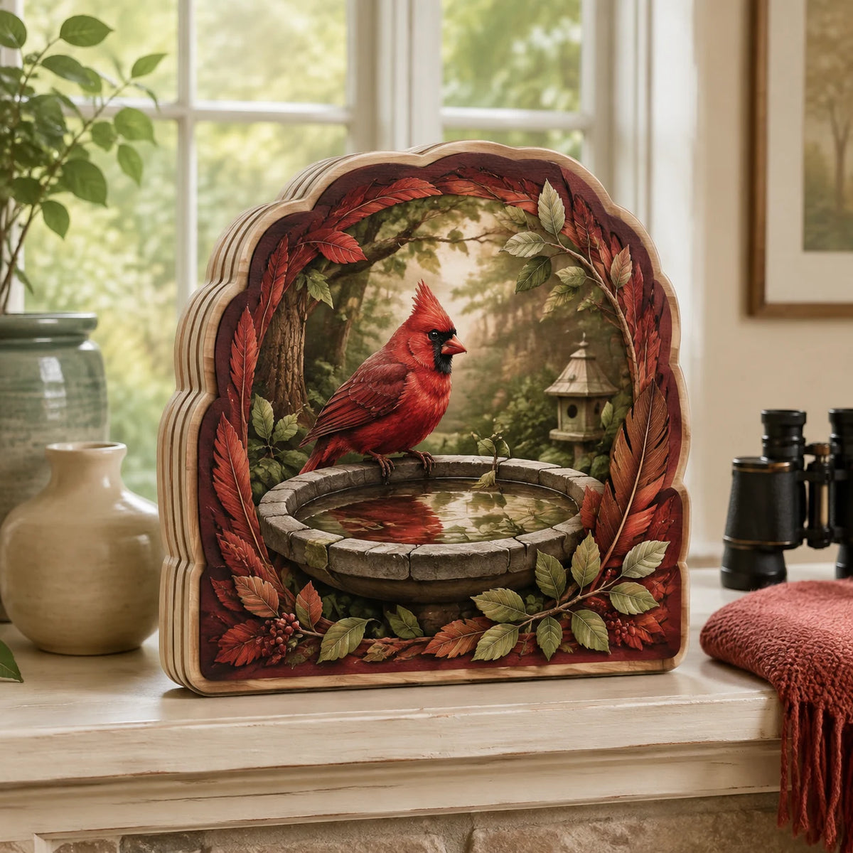 Northern cardinal perched at a stone birdbath with matching botanical border on wooden block 3 layer