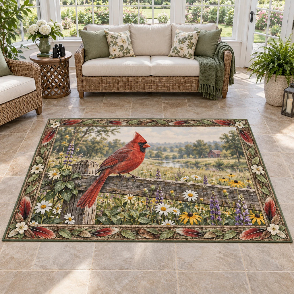 Area Rug with a red Northern Cardinal on a weathered fence above white, yellow and purple wildflowers.