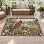 Area Rug with a red Northern Cardinal on a weathered fence above white, yellow and purple wildflowers.