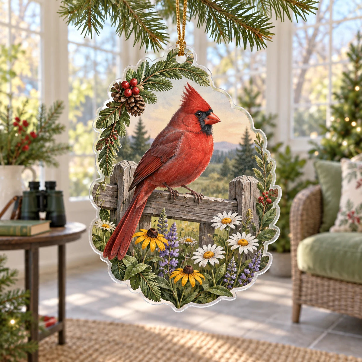 Christmas Ornament with a red Northern Cardinal on a weathered fence above white, yellow and purple wildflowers.