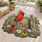 Custom Shape Area Rug with a red Northern Cardinal on a weathered fence above white, yellow and purple wildflowers.