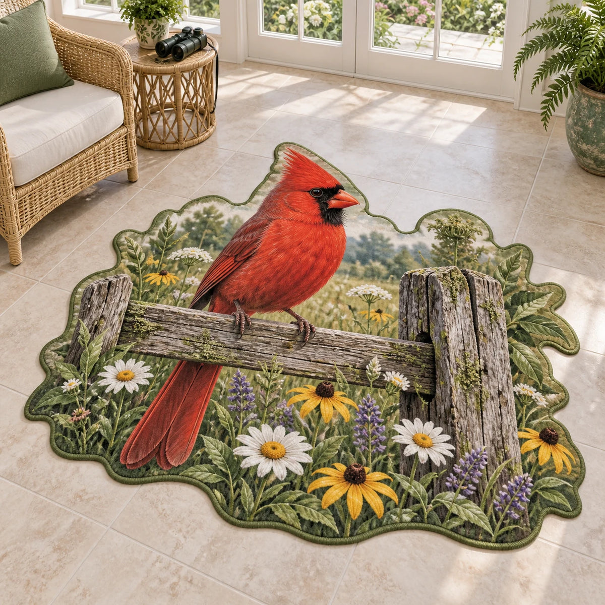 Custom Shape Area Rug with a red Northern Cardinal on a weathered fence above white, yellow and purple wildflowers.