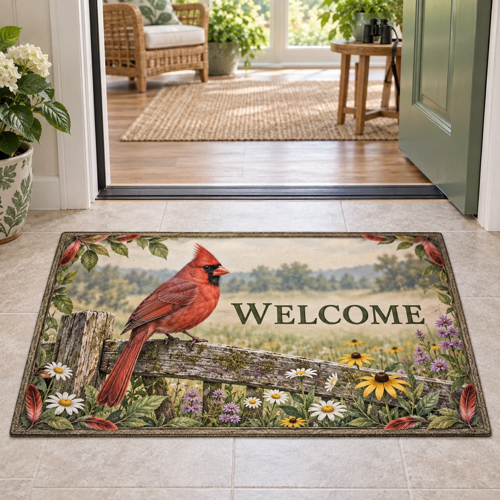 Doormat with a red Northern Cardinal on a weathered fence above white, yellow and purple wildflowers and WELCOME lettering.