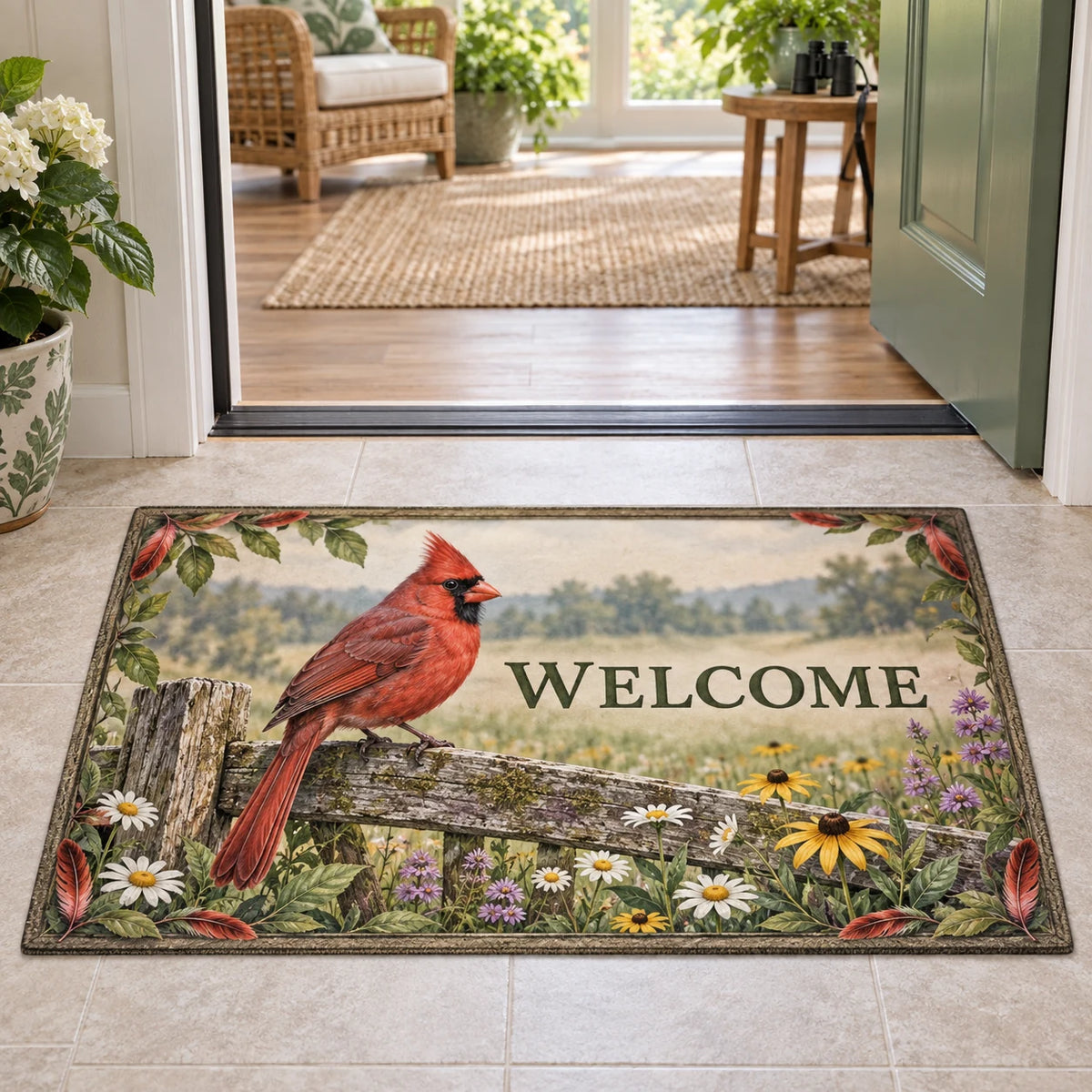 Doormat with a red Northern Cardinal on a weathered fence above white, yellow and purple wildflowers and WELCOME lettering.