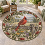 Round Mat Rug with a red Northern Cardinal on a weathered fence above white, yellow and purple wildflowers.
