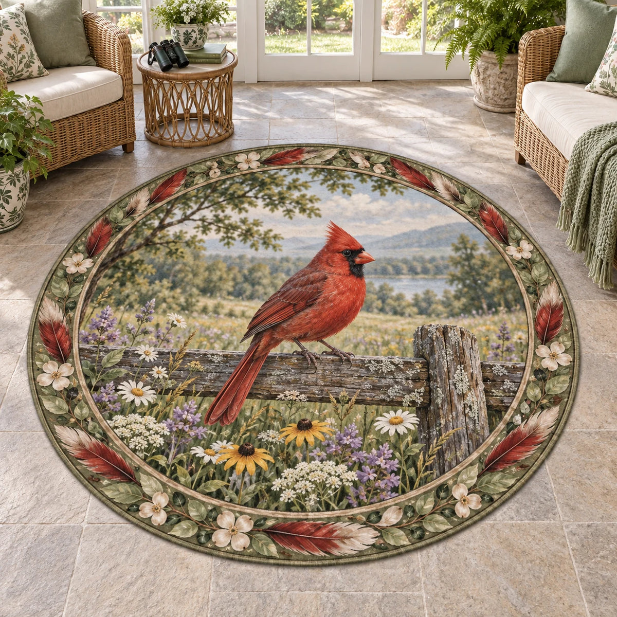 Round Mat Rug with a red Northern Cardinal on a weathered fence above white, yellow and purple wildflowers.