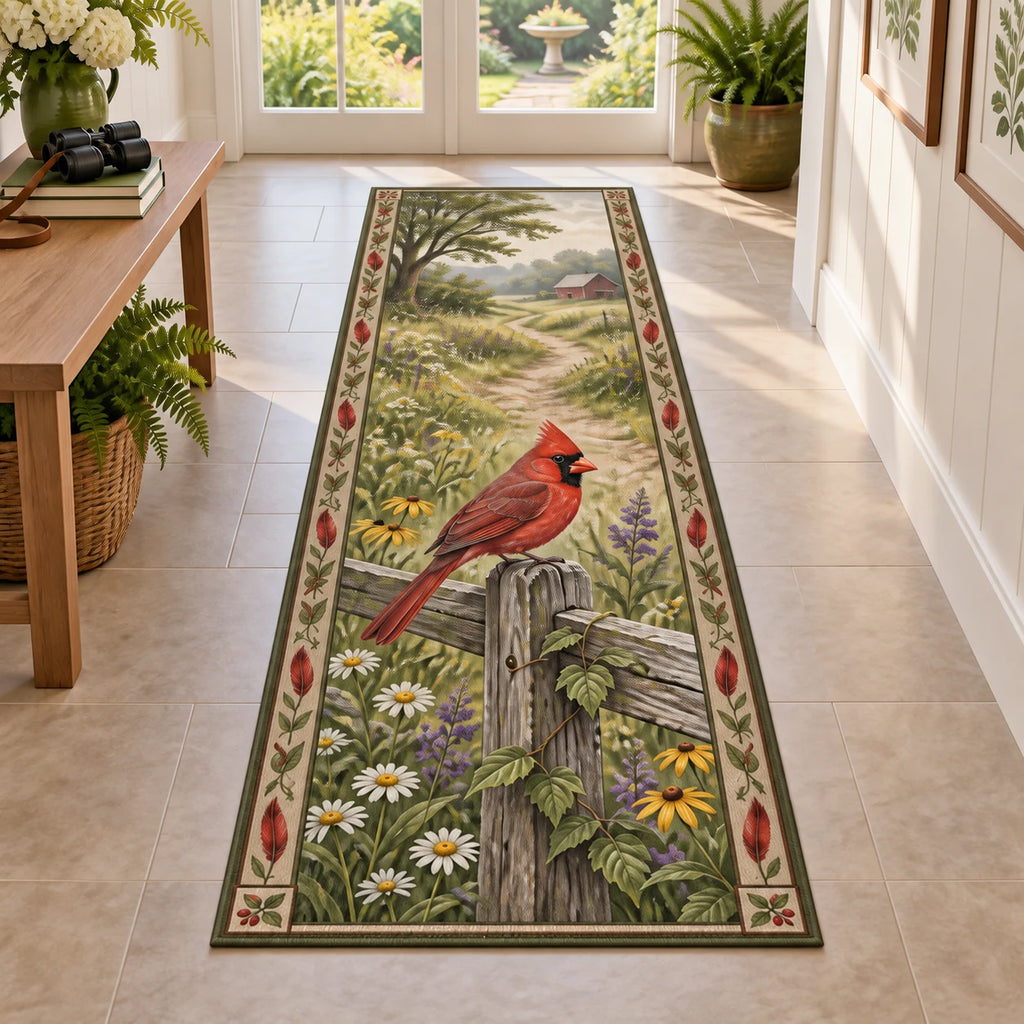 Runner Rug with a red Northern Cardinal on a weathered fence above white, yellow and purple wildflowers.