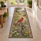 Runner Rug with a red Northern Cardinal on a weathered fence above white, yellow and purple wildflowers.