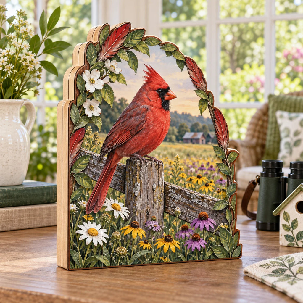 Three-layer wooden block showing a Northern Cardinal on a weathered fence above white, yellow and purple meadow flowers.