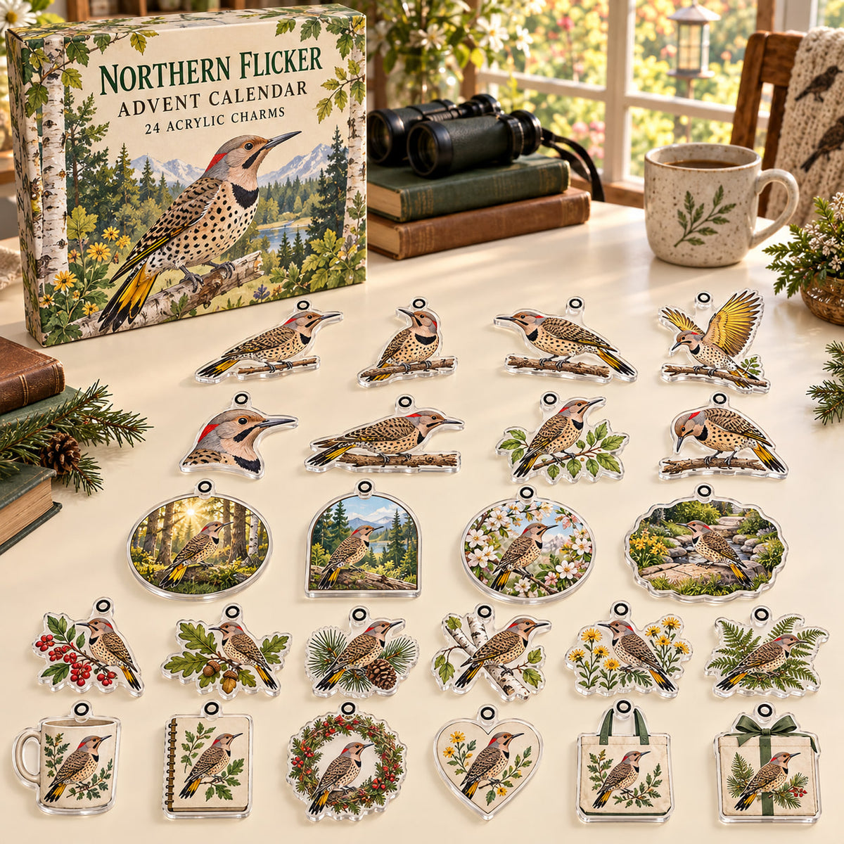 Northern Flicker advent calendar box with 24 themed flat printed acrylic charms