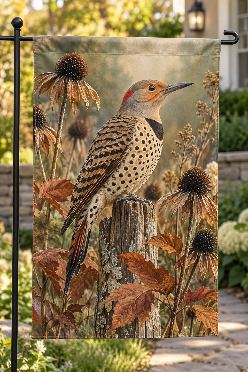 Northern Flicker Autumn Seedheads Garden Flag with printed dimensional artwork