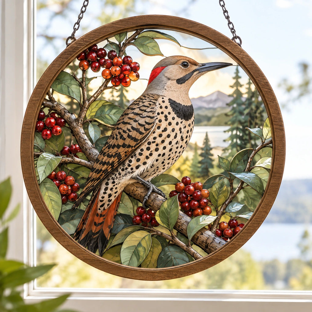 Northern Flicker Berry Hedge Wood & Acrylic Suncatcher with printed dimensional artwork