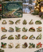 Northern Leopard Frog advent calendar with 24 custom-shaped flat acrylic charms and printed dimensional artwork