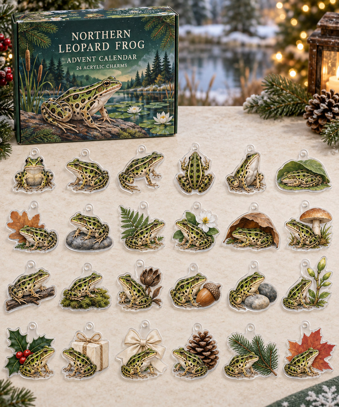 Northern Leopard Frog advent calendar with 24 custom-shaped flat acrylic charms and printed dimensional artwork