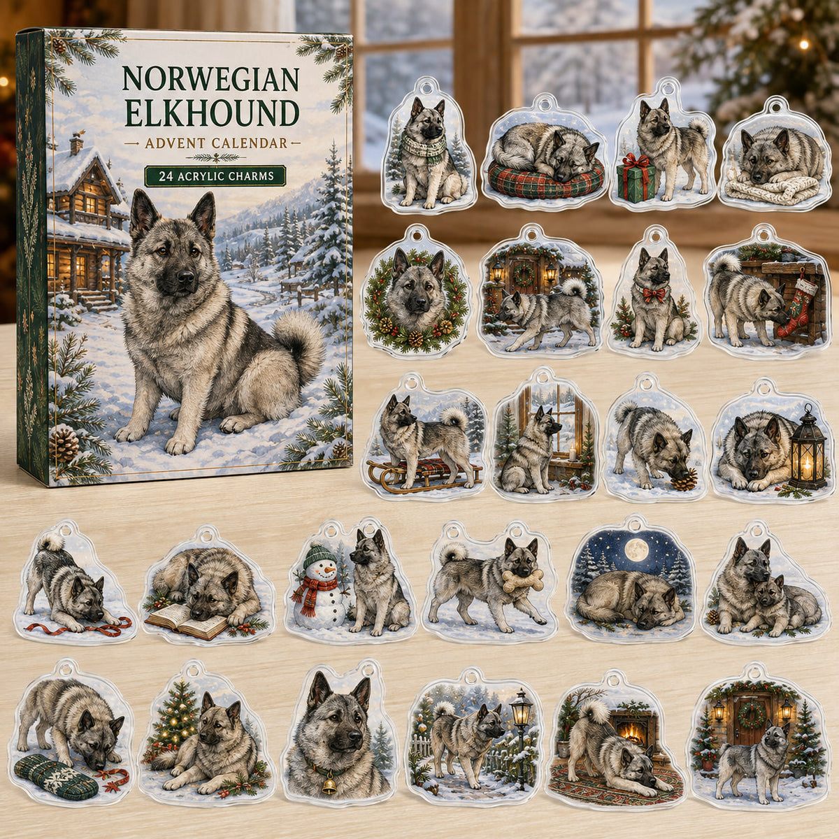 Norwegian Elkhound advent calendar box and 24 illustrated acrylic charms displayed on an ivory tabletop in a winter setting