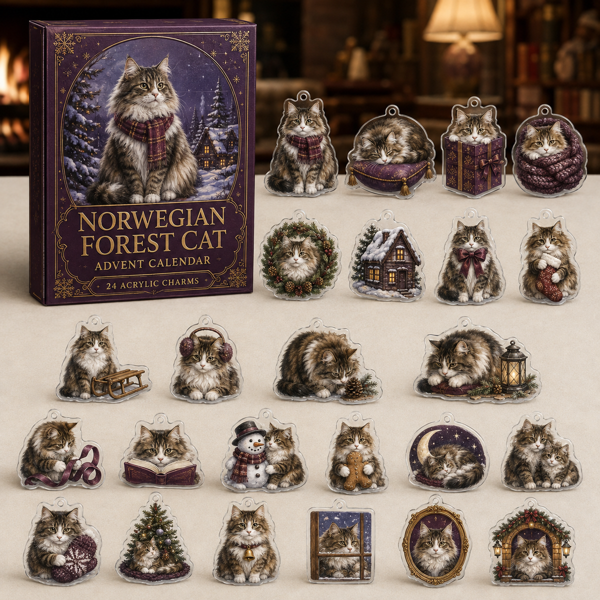 Norwegian Forest Cat advent calendar box and full set of 24 illustrated acrylic charms on a light tabletop