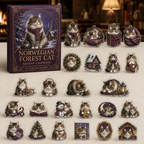 Norwegian Forest Cat advent calendar box and full set of 24 illustrated acrylic charms on a light tabletop