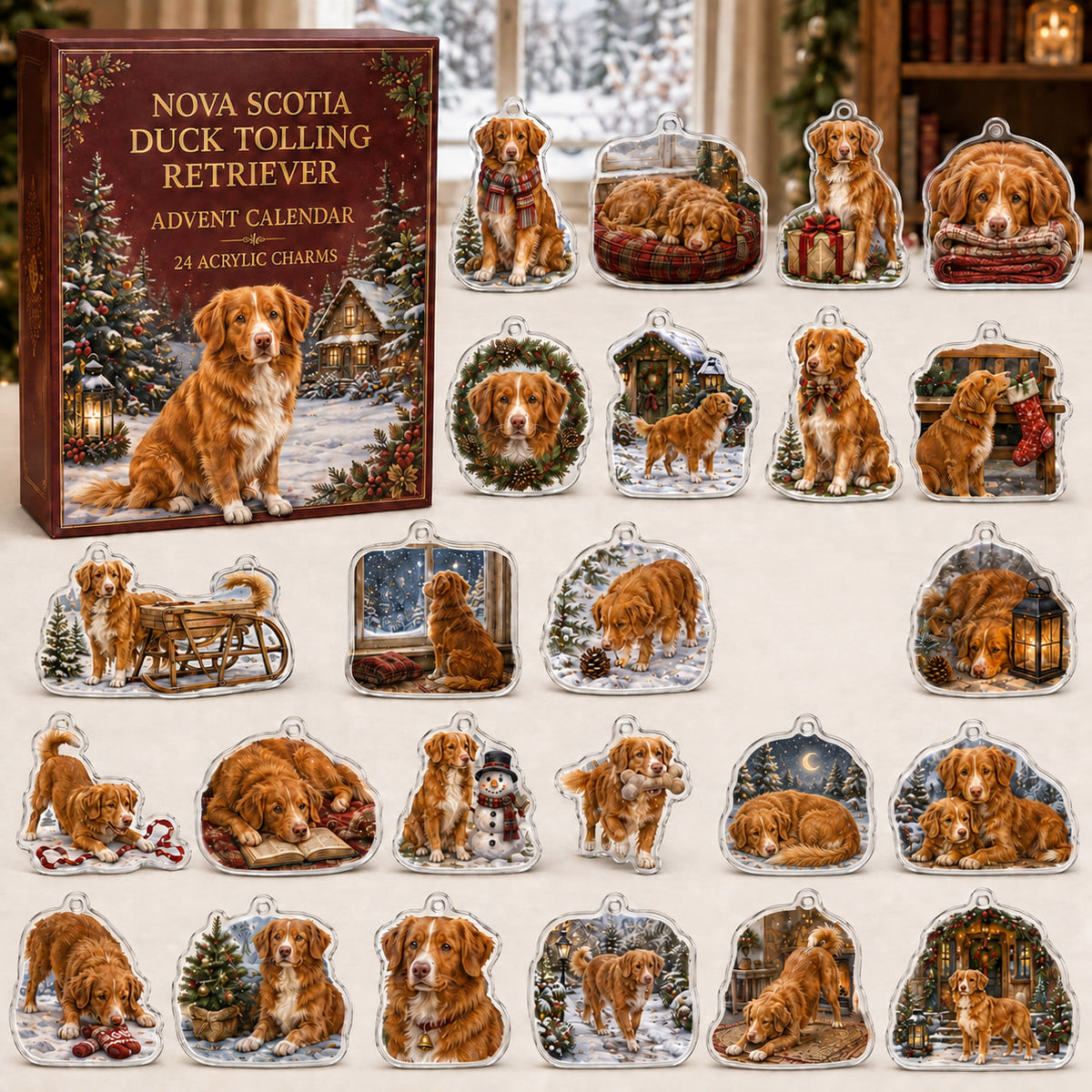 Nova Scotia Duck Tolling Retriever advent calendar box and 24 illustrated acrylic charms displayed on an ivory tabletop in a winter setting