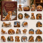 Nova Scotia Duck Tolling Retriever advent calendar box and 24 illustrated acrylic charms displayed on an ivory tabletop in a winter setting