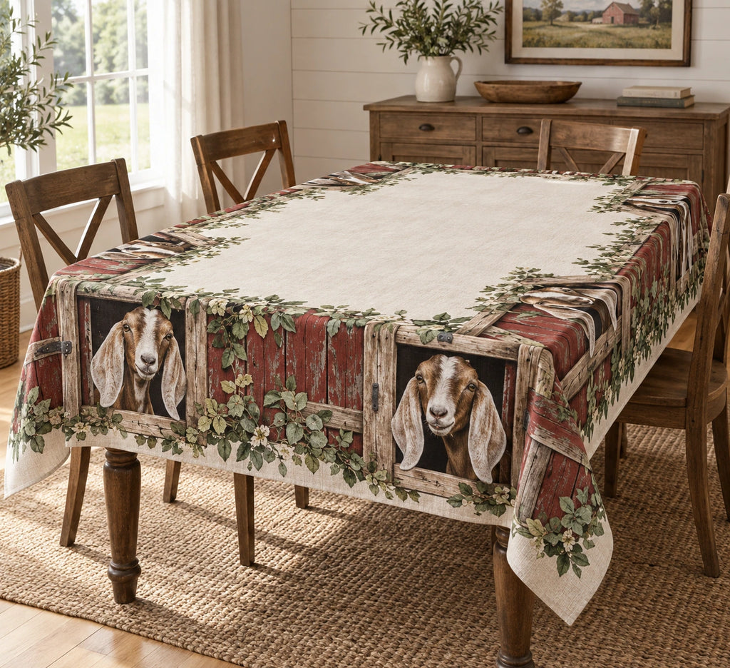 Nubian Goat Barn Door Tablecloth with printed dimensional artwork