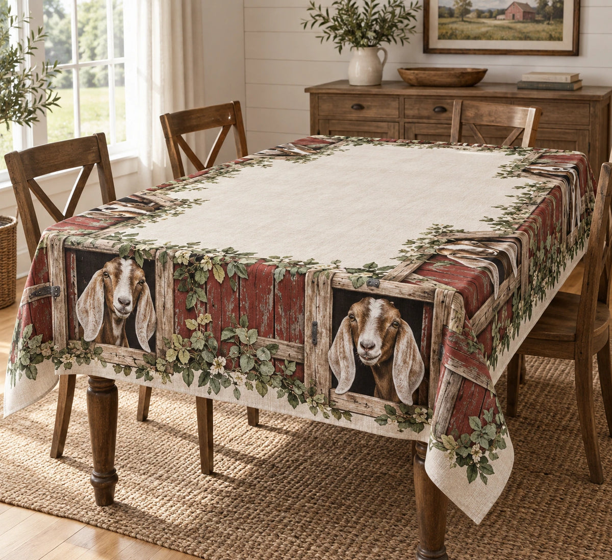 Nubian Goat Barn Door Tablecloth with printed dimensional artwork