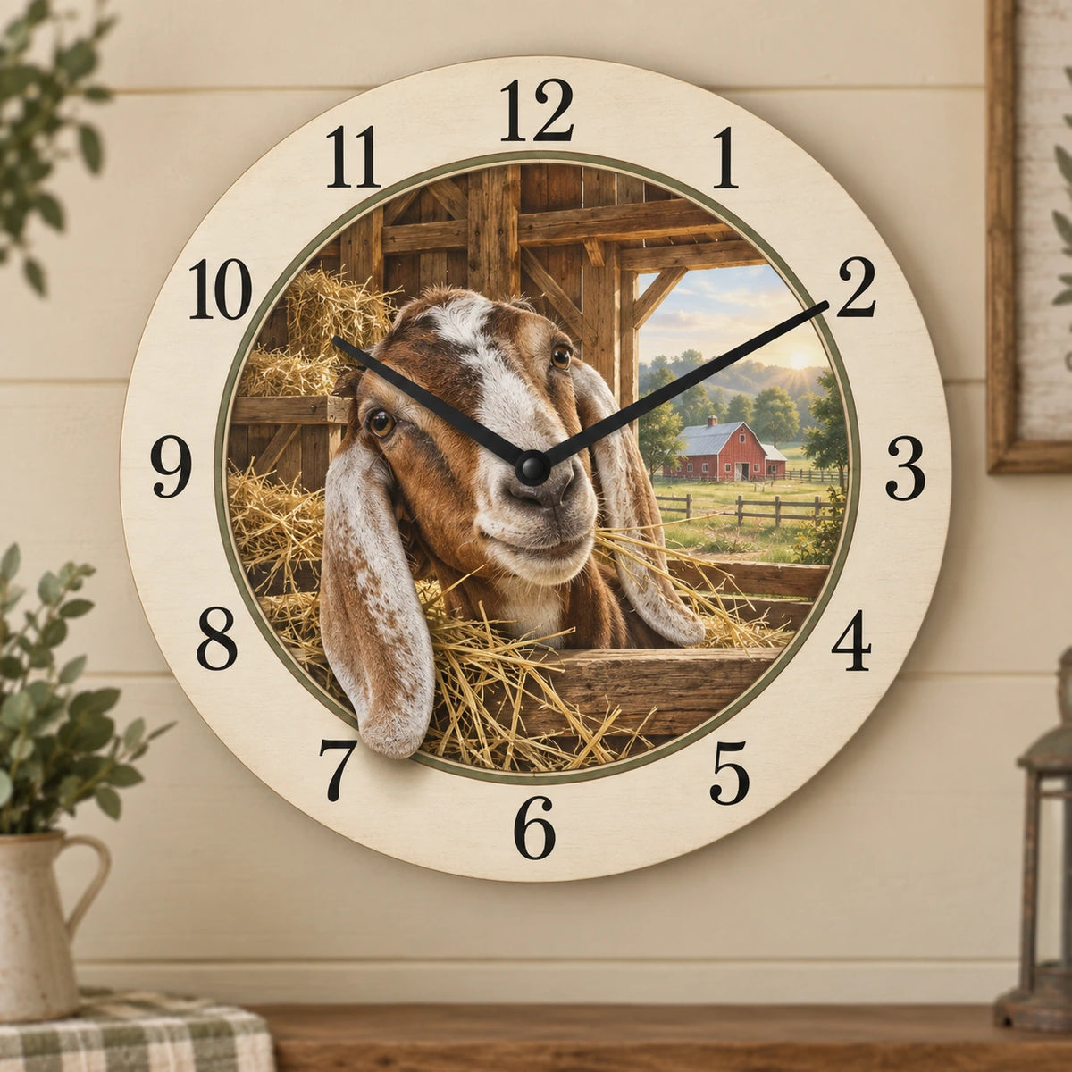 Nubian Goat Hayloft Wooden Wall Clock with flat printed Nubian goat and hayloft window depth