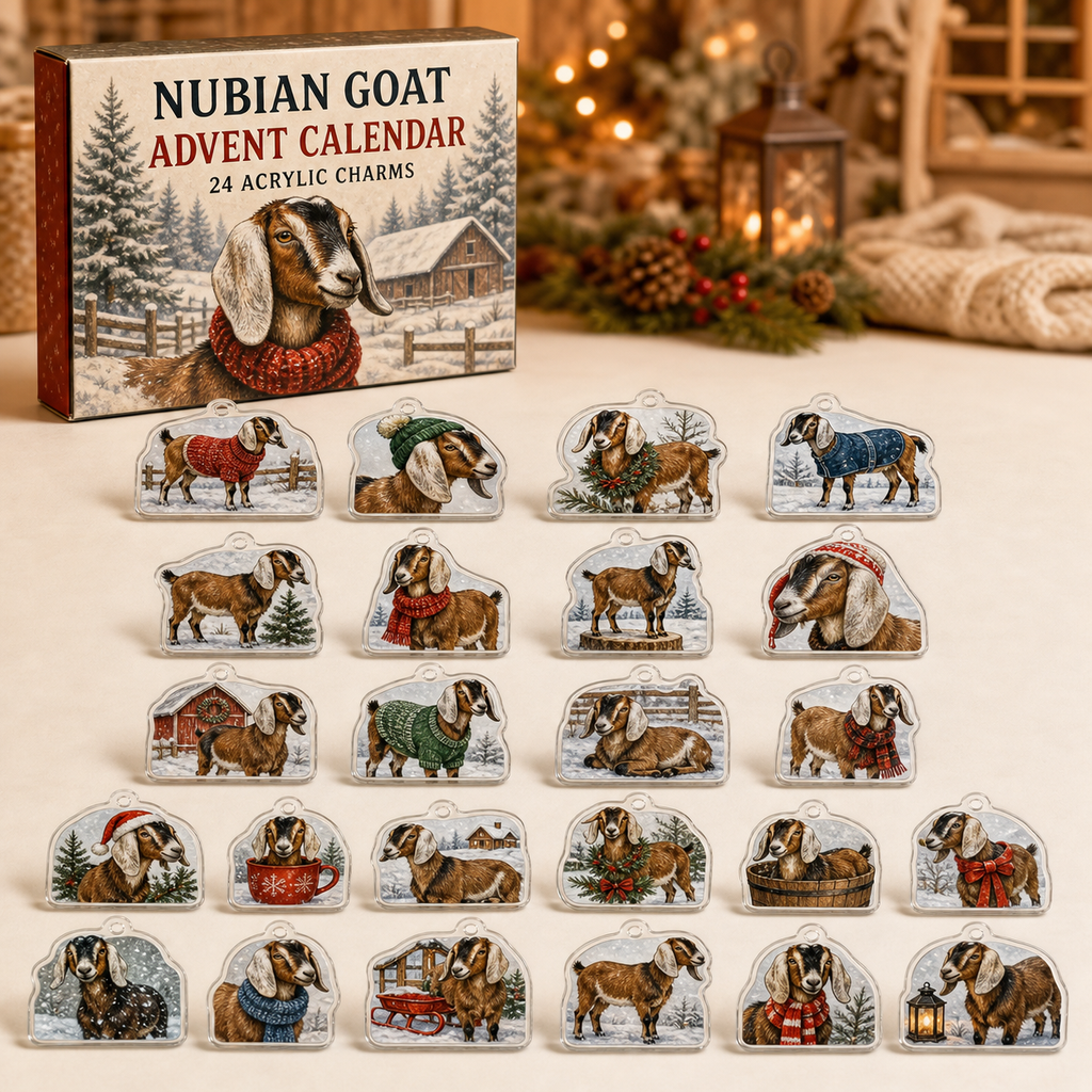 Nubian Goat advent calendar box and full set of 24 illustrated acrylic charms on a light tabletop