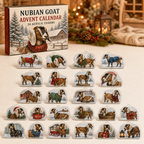 Nubian Goat advent calendar box and full set of 24 illustrated acrylic charms on a light tabletop