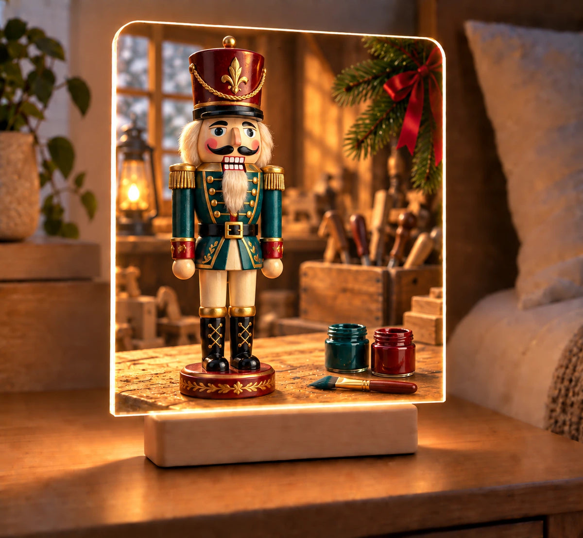 Nutcracker Toymaker Bench Acrylic Night Light with printed toy and painted-wood depth