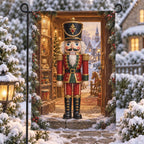 Nutcracker Soldier Garden Flag with flat printed toy-shop doorway depth, full toy figure and snowy garden setting; stand not included.