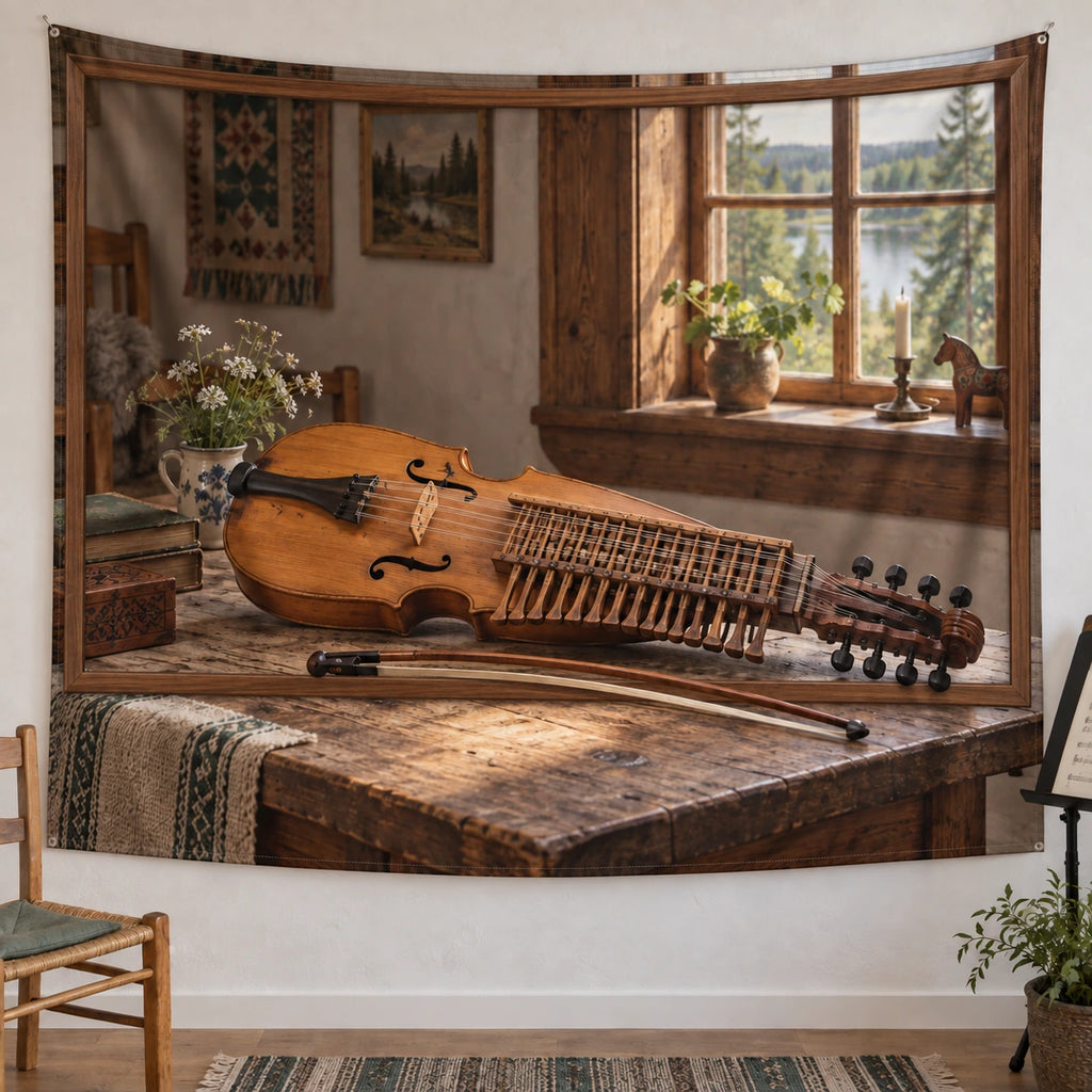 Nyckelharpa Folk Room Wall Tapestry with original printed optical 3D artwork