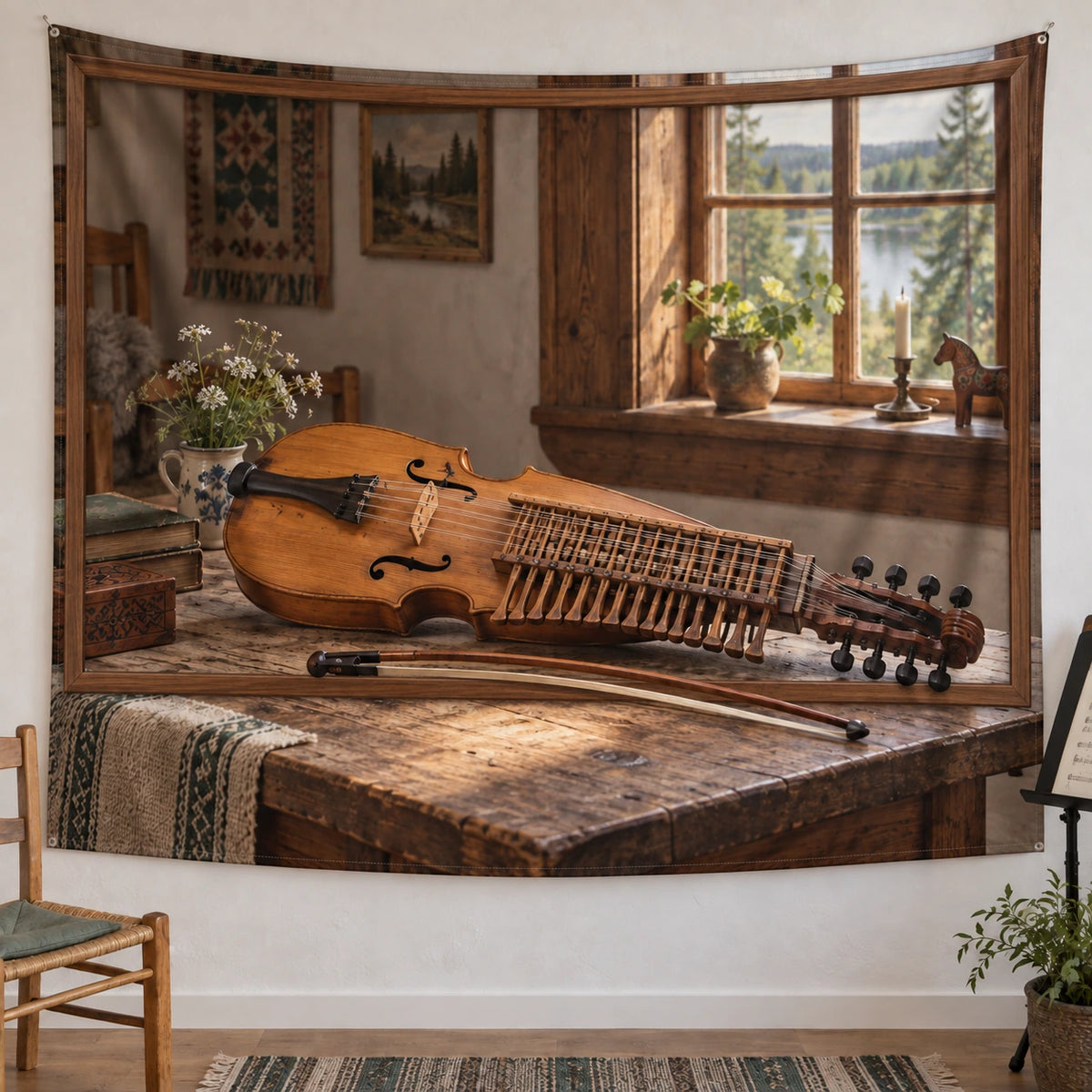 Nyckelharpa Folk Room Wall Tapestry with original printed optical 3D artwork