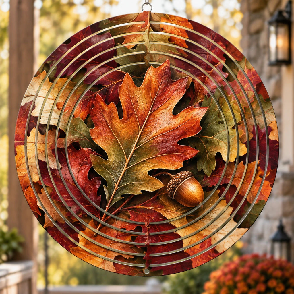 Oak Leaf Copper Garden Wind Spinner with printed dimensional artwork