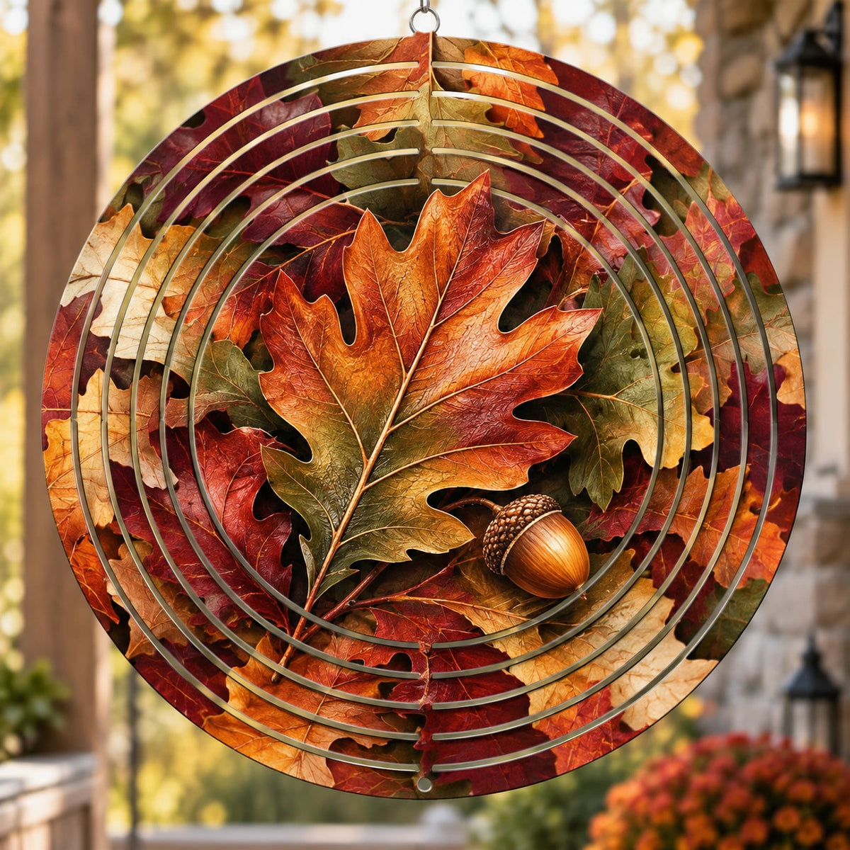 Oak Leaf Copper Garden Wind Spinner with printed dimensional artwork