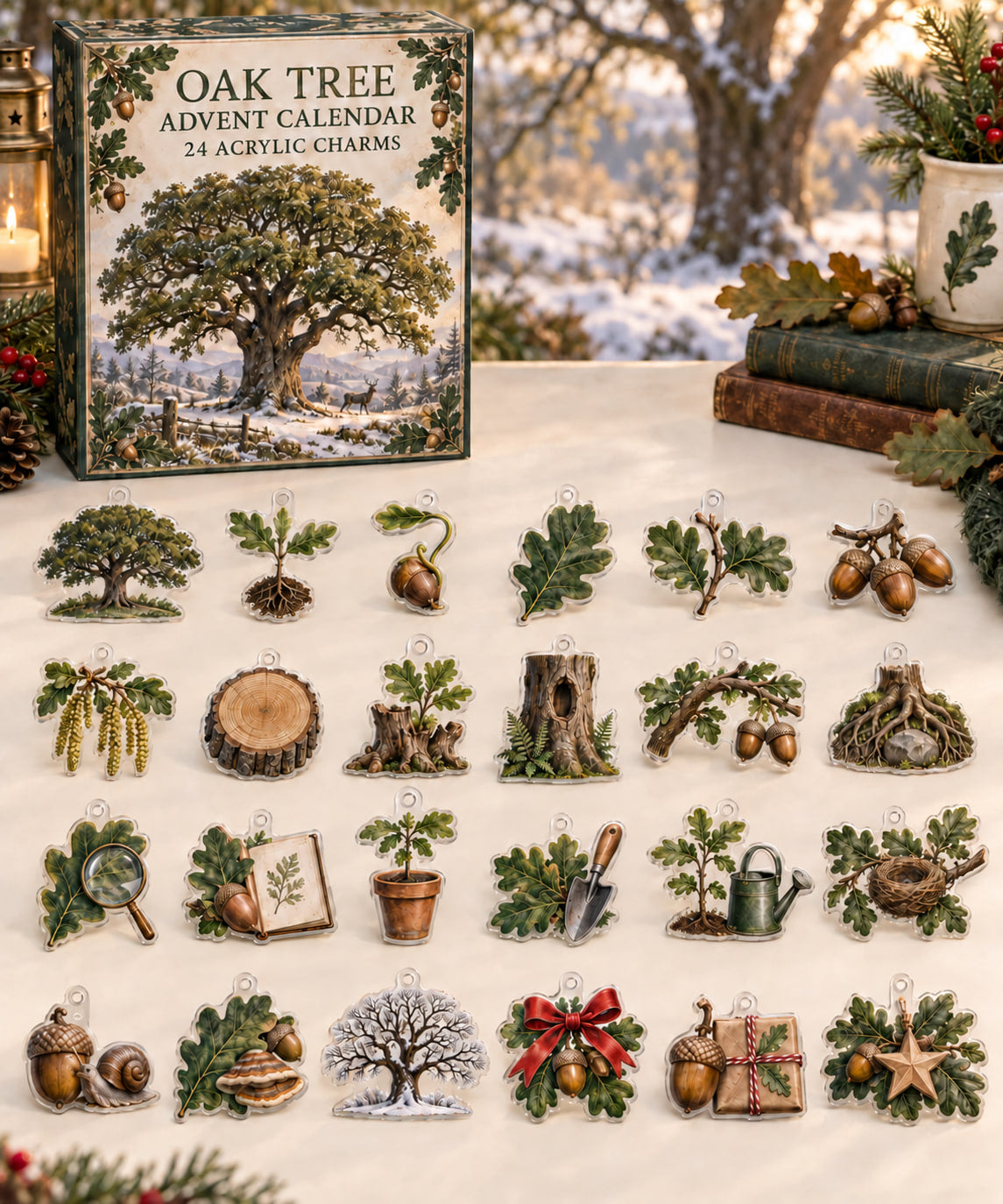 Oak Tree advent calendar with 24 custom-shaped flat acrylic charms and printed dimensional artwork