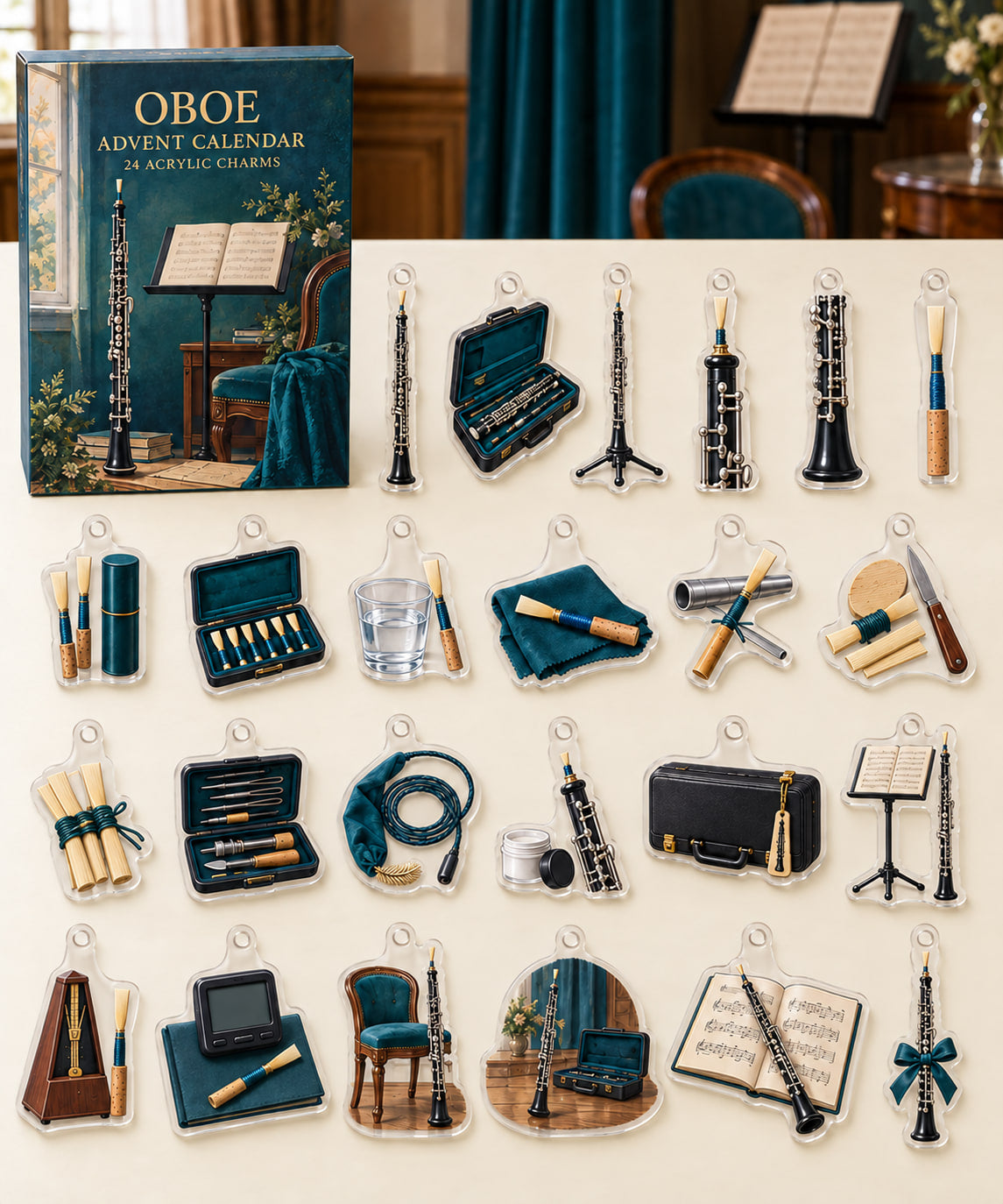 Oboe advent calendar with 24 custom-shaped flat acrylic charms and printed dimensional artwork