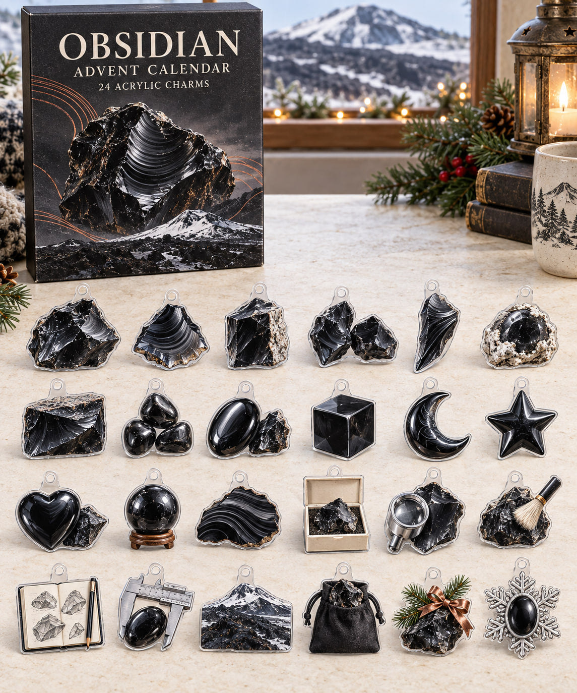Obsidian advent calendar with 24 custom-shaped flat acrylic charms and printed dimensional artwork