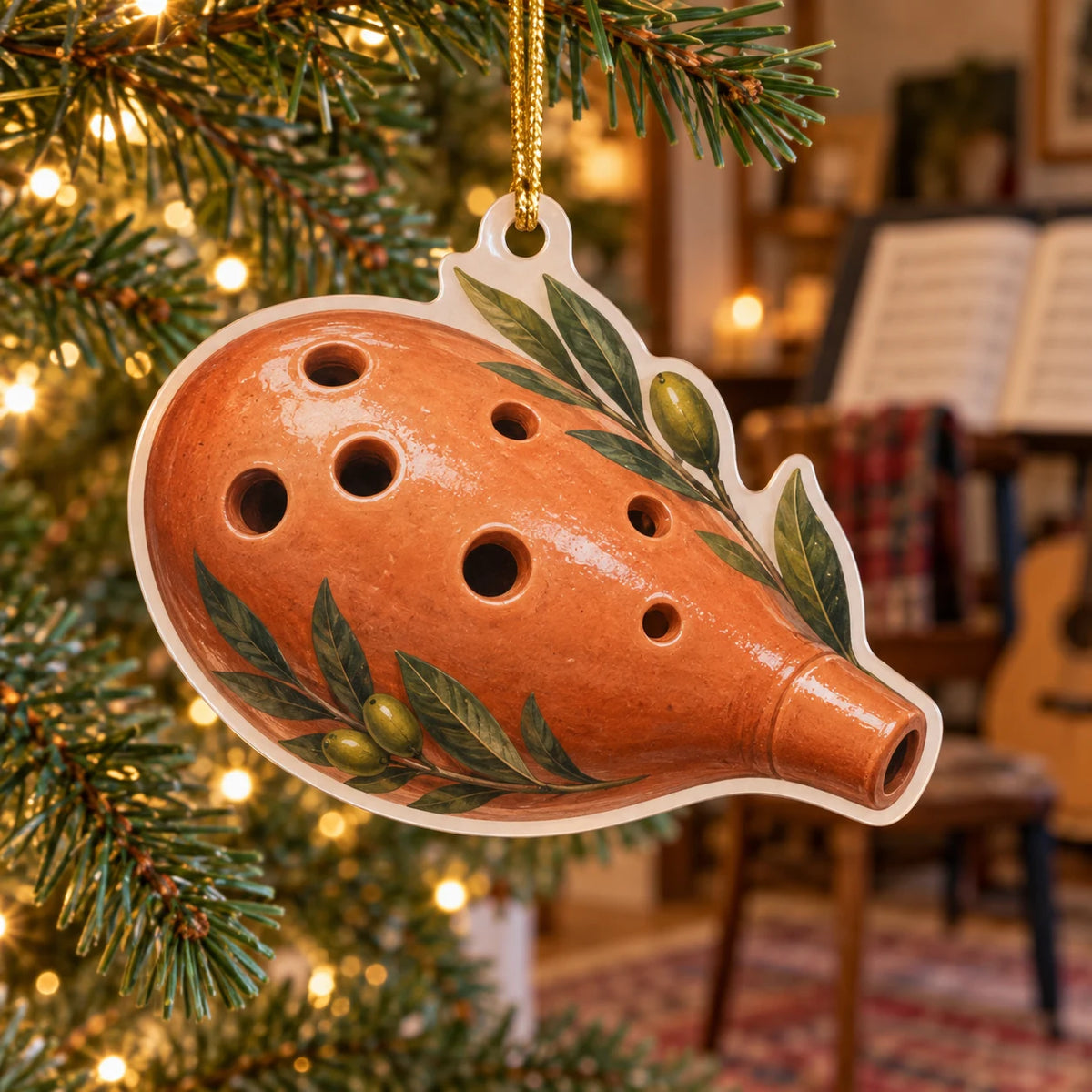 Ocarina Folk Music Christmas Ornament with original printed 3D artwork